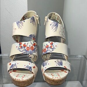Gianni Bini Cream Floral Cork Wedge Sandals with Blue and Red Accents
